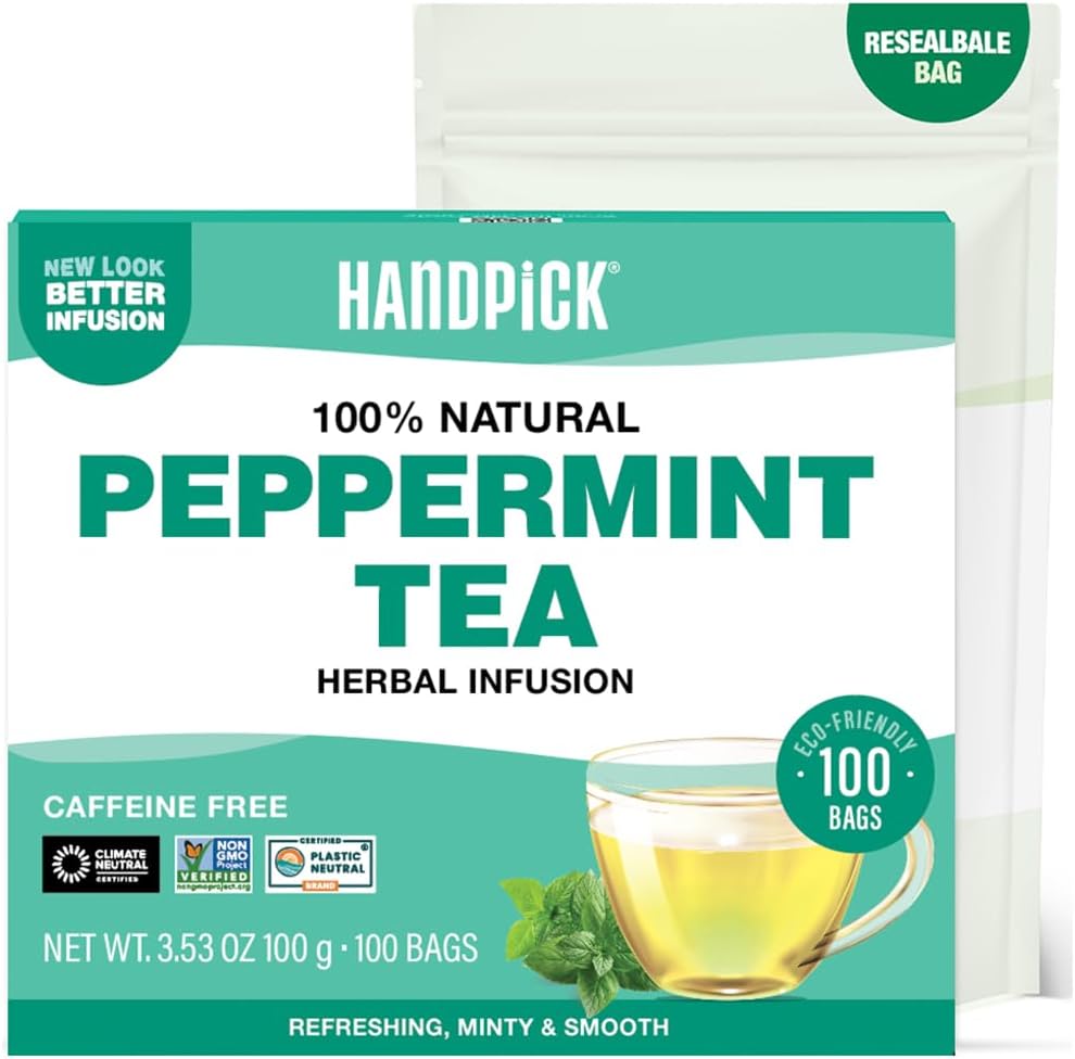 HANDPICK Peppermint Tea Bags 100 Count Non-GMO 100% Pure Minty Herbal
