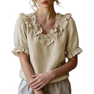Summer Top Women Ruffle Trim V-Neck Puff Short Sleeve Shirt Casual Lightweight Loose Fit Blouse Dressy Fashion