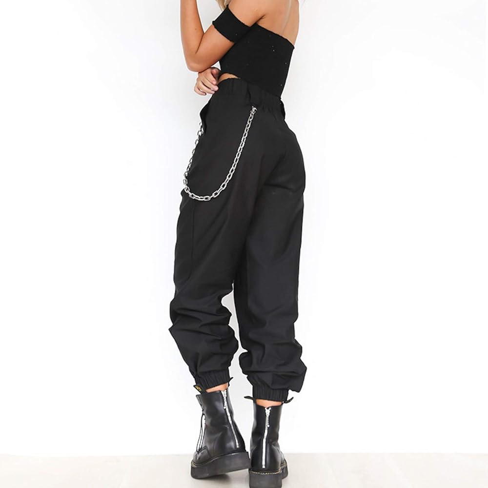 womens black cargo pants with chain