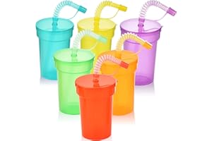 Haundry Plastic Kids Party Cups with Lids and Straws, 6Pack 12 oz Neon Sipper Cups, Colorful Party Favor Cups for Birthday, Holiday, Events, Party Decoration Supplies
