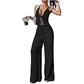 SOLY HUX Women's Sexy 2 Piece Outfits Sleeveless Halter Top and Wide Leg Pants Set