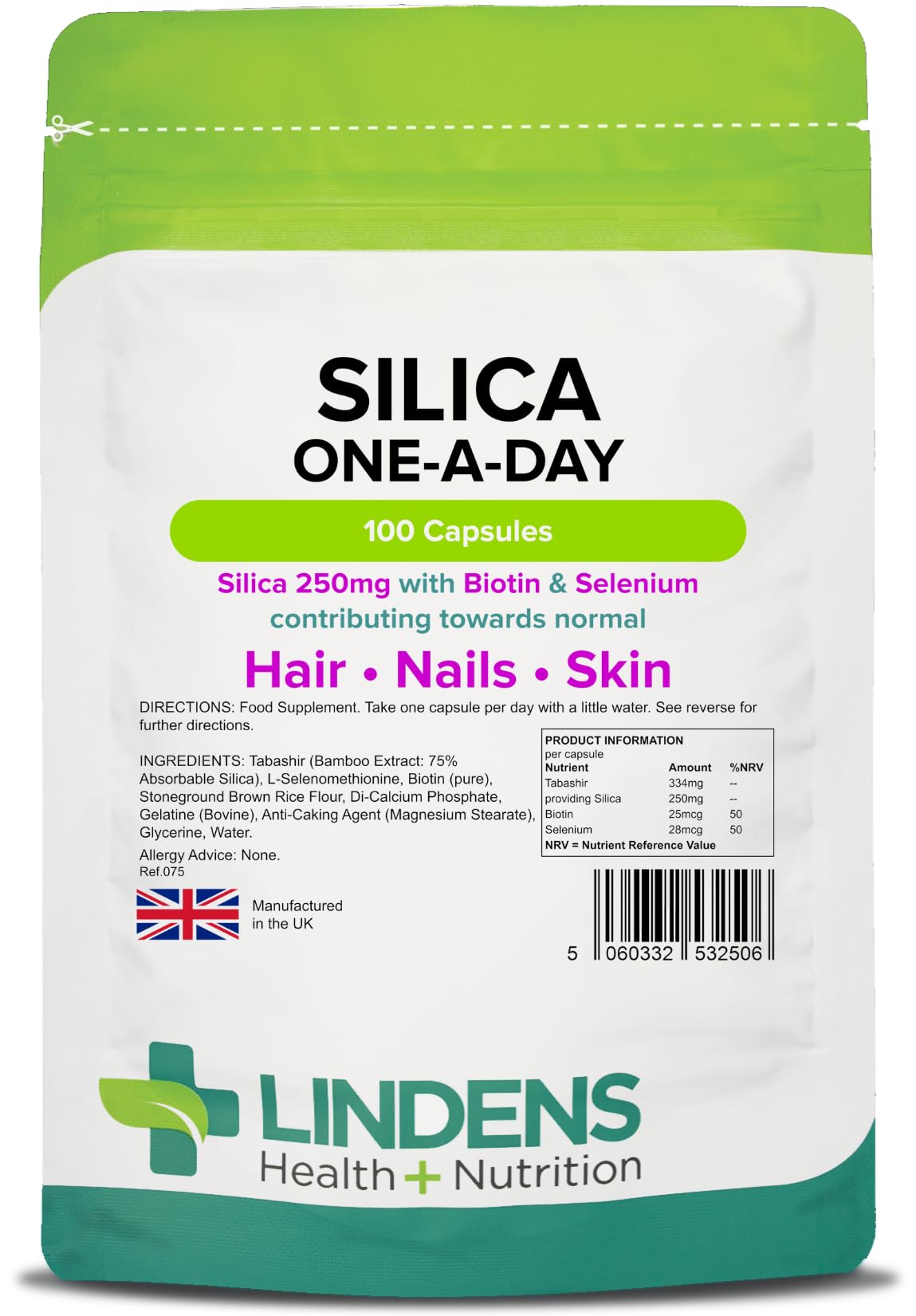 Lindens - Silica 250mg, 100 Capsules - UK Made - Fortified with Biotin & Selenium, Contributes to Healthy Hair, Nails & Skin - Premium Bamboo Extract, Letterbox Friendly