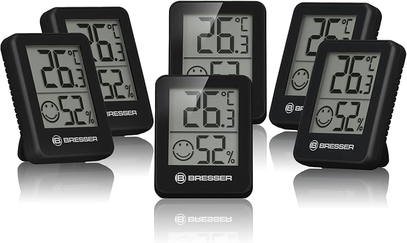 Juego de 6 indicadores termohigrométricos Temeo Hygro de pie o de pared con indicador de clima ambiente, negros