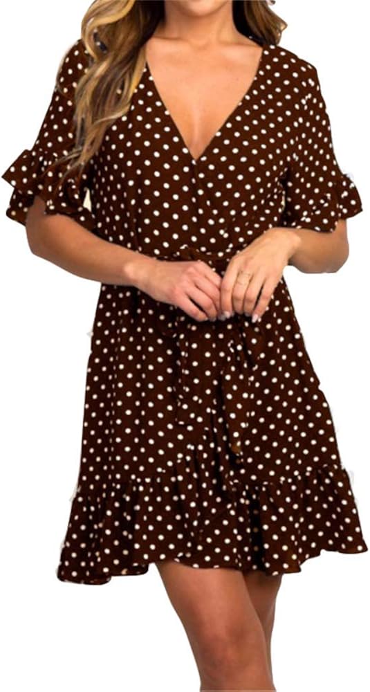 Mepple Womens V Neck Polka Dot Ruffles Short Sleeve Casual Loose Swing T-Shirt Dress
