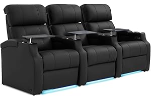 Weilianda Home Theater Seating, Top Grain Leather Sectional Seats Recliner Chair, Zero Gravity Reclining Sofa with Power Headrest 7 Colors Ambient Lighting USB C Charge Row of 3 Black