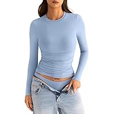 EasyGala Womens Double Lined Long Sleeve Shirts Crewneck Ruched Top Tight Fitted Basic Tee Fall Going Out Outfits 2026