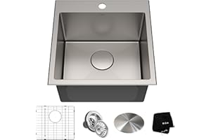 KRAUS 18 x 18 inch Standart PRO™ Drop-In Top Mount 16 Gauge Single Bowl 1-Hole Stainless Steel Kitchen Sink Set (5 Item Bundle: Sink, Bottom Grid, Drain Assembly, Drain Cap, Kitchen Towel), KHT301-18