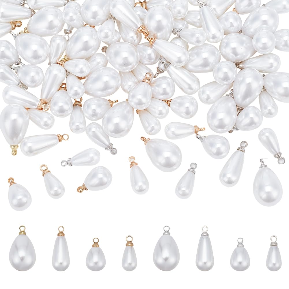 PH PandaHall 64pcs Teardrop Pearl Pendants, 8 Style Pearl Pendant Connectors Oval Pearl Beads White Imitation Pearl Pendants with Metal Hoop for DIY Earring Bracelet Necklace Jewellery Craft Making