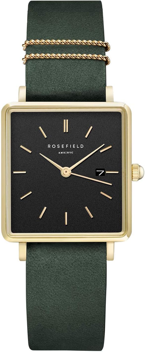 Rosefield Women's Watch The Boxy Gold Square Case Black Dial & Forest