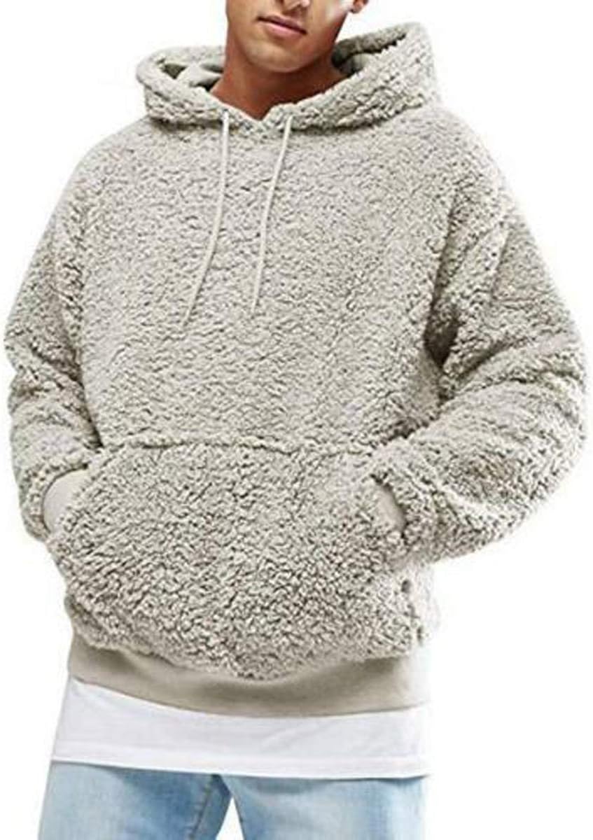 Mens Sherpa Hooded Pullover Fuzzy Sweatshirts Long Sleeve Jackets Fleece Fluffy Front Pocket Fall Winter Outwear