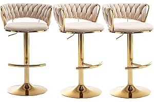 Canxkun Gold Bar Stools Set of 3, Counter Height Bar Chairs with Low Back, Velvet Adjustable Height Barstools, 360° Swivel Bar Stools for Kitchen Island, Pub (Beige)