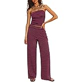 UNCOOYEE Two Piece Sets For Women Summer Outfits Lounge Sets Striped Tube Top And Pants Matching Sets Beach Vacation Travel