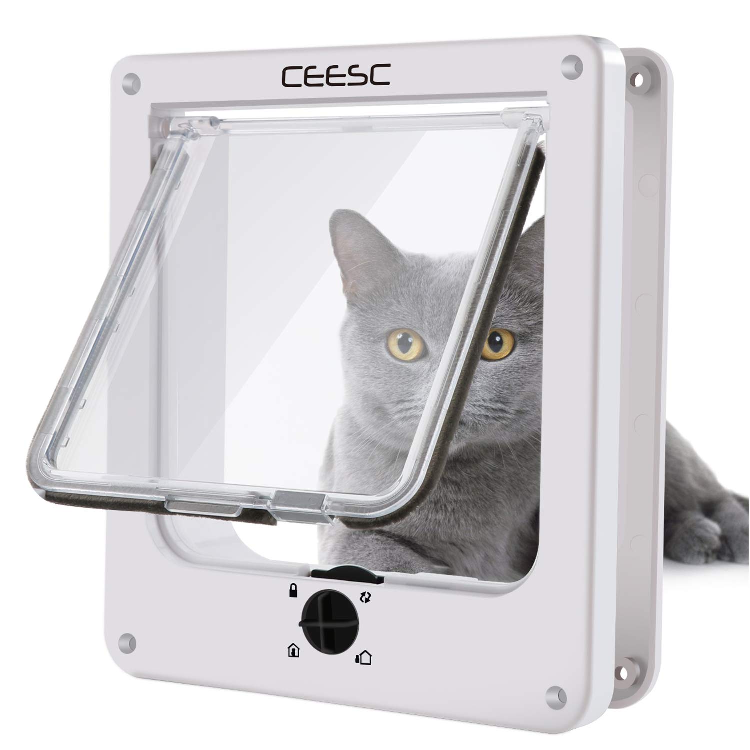 CEESC Cat Flap for Interior/Exterior Door, Weatherproof, Rotary 4 Way Locking Pet Door for Cats & Dogs, Upgraded Version (White, Medium)