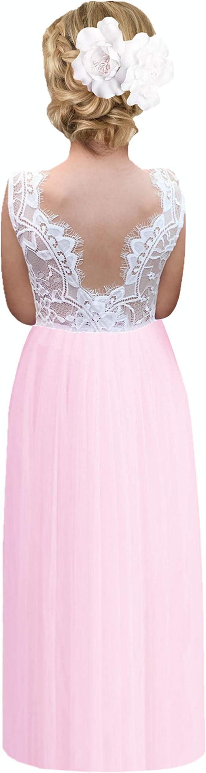 2BunniesGirl Rose Lace Back A-Line Straight Tutu Tulle Party Flower Girl Dress