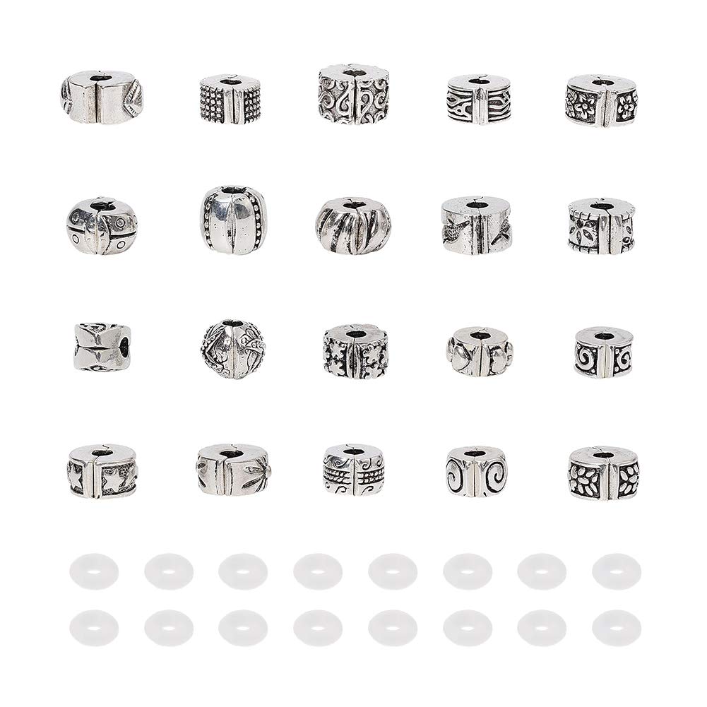 PH PandaHall 20pcs European Alloy Beads, Metal Spacer Charms with 20pcs Silicone Stoppers for O-Ring for Bracelet Jewelry Making, Antique Silver, Metal, Metal