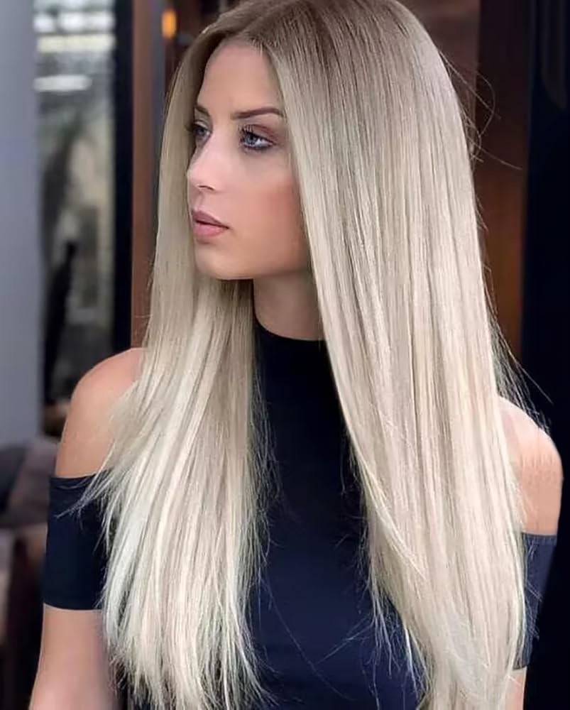 PORSMEER Natural Looking Long Ombre Blonde with Brown Roots Glueless Wig For Womens Ladies Straight Silky Synthetic Heat Resistant Hair Wig with Lace Middle Part 28 Inch — image 1