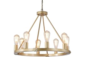 9MMML 23.6“ 8 Lights Golden Wagon Wheel Chandelier, Large Luxury Kitchen Island Pendant Light for Living Dining Room Foyer Entryway,Height Adjustable,E26.