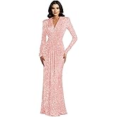 Feiysoi Long Sleeve Sequins Bridesmaid Dresses with Tie Long V Neck Empire Waist Formal Evening Dress