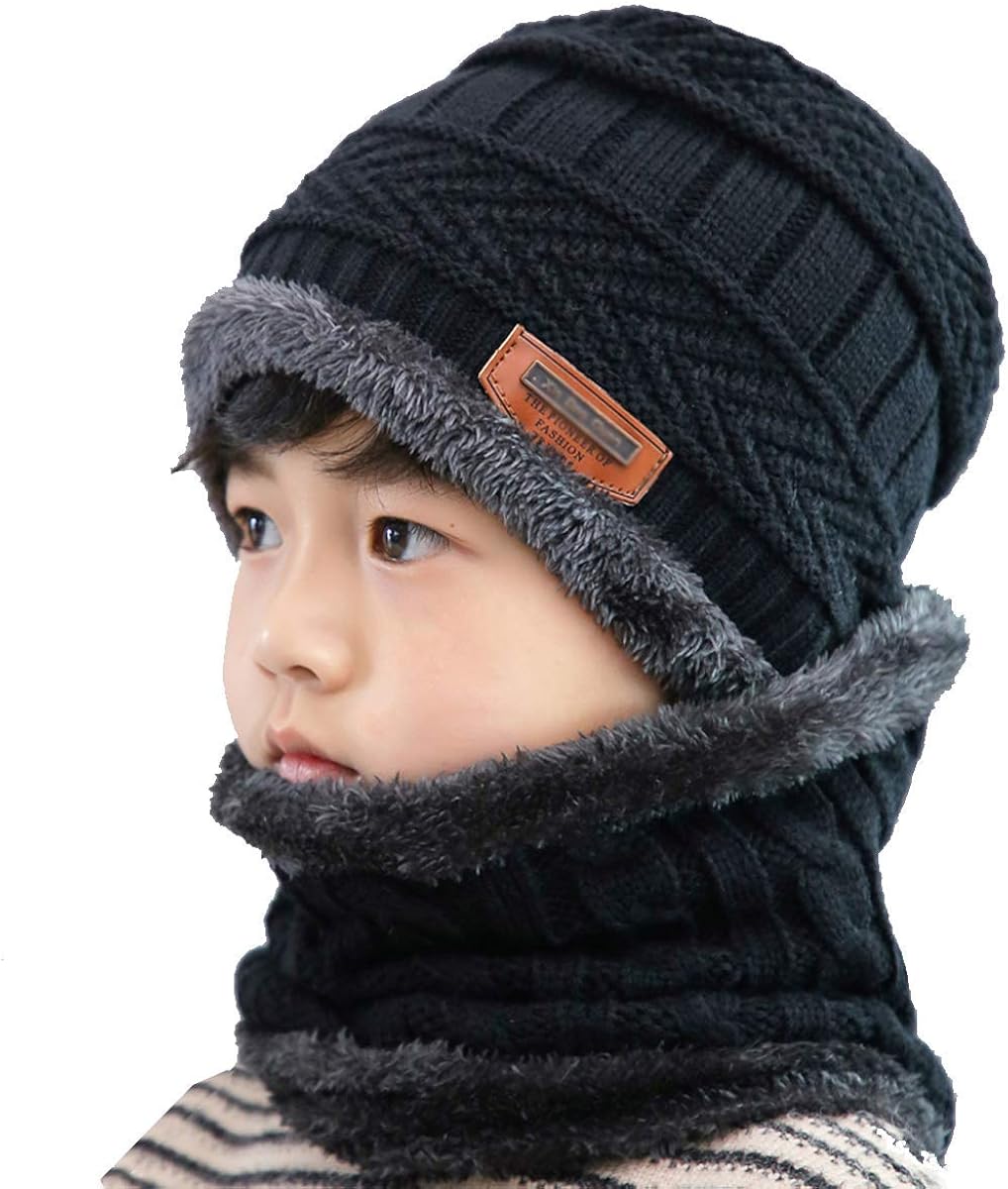Kids Boys Girls Winter Knitted Beanie Hat Scarf Set 2 Pcs Warm Cap and Neck Warmer (Black 3-8 Years Old): Clothing