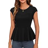 OYOANGLE Women's Elegant Sheer Mesh Cap Sleeve Ruffle Hem Flared Work Peplum Blouse Tops