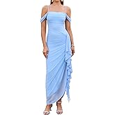 HTZMO Women Elegant Bodycon Maxi Dress Ruched Ruffle Slit Wedding Gutst Formal Cocktail Party Long Dresses