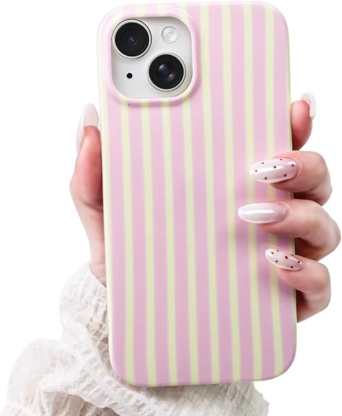 SleekCover Cute Striped Case for iPhone 15 6.1",Pink/Yellow | Non-fade Aesthetic Striped Pattern,Slim Fit,Lightweight,Kawaii