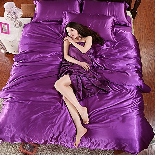 Wholesale Price Solid Color Mulberry Silk Quilt Cover Flat Sheet Silk Pillowcases Satin Duvet Cover (Queen Size, Violet)