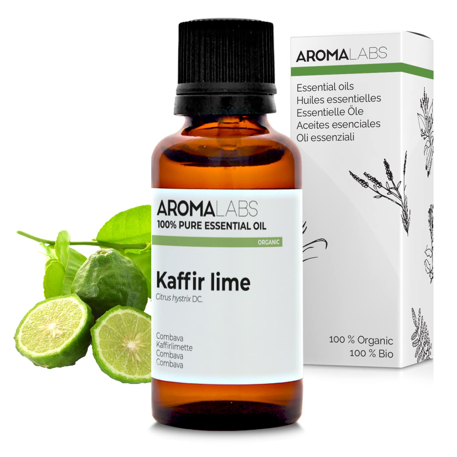 BIO - Kaffir Lime Essential Oil - 30mL - 100% Pure, Natural, Chemotyped and AB/Cosmos Certified - AROMA LABS (French Brand)