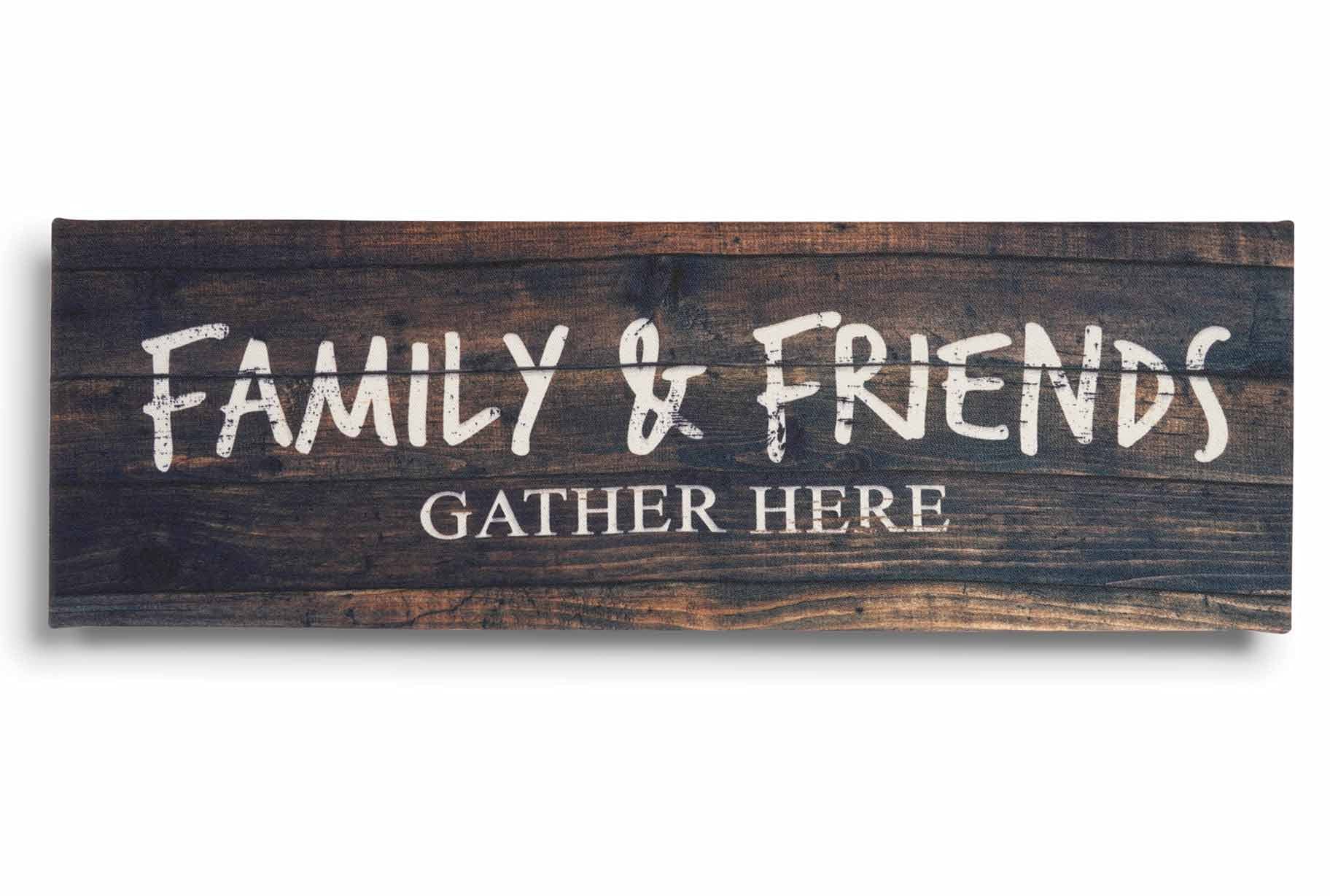 Inkdotpot Stretched Canvas Quotes Wall Art Decor, Family & Friends Gather Here Wall Decor- 8 x 24 Rustic Wall Art Sign- Farmhouse Decor Faux Plaque Sign