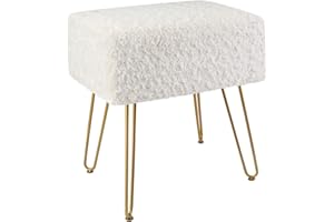 TOUCH-RICH Modern Mink Square Footstool Ottoman,Rose Pattern Furry Faux Fur Vanity Stool Chair with Metal Legs,Comfy Entryway