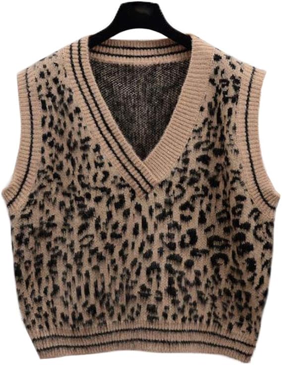 えみり レディース ショートベスト ヒョウ柄 ニットベスト Vネック チョッキ ファッション 春秋冬 インナー オフィス 韓国風 カジュアル 通勤 カーキ ベスト 通販 Amazon