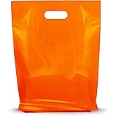 Plamar USA 100 Pack Orange Merchandise Bags 12 x 15 Inches, 1.25 Mil Thick Glossy Plastic Retail Shopping Bags with Die Cut Handles, Recyclable Bulk Bags for Stores, Events, Gifts