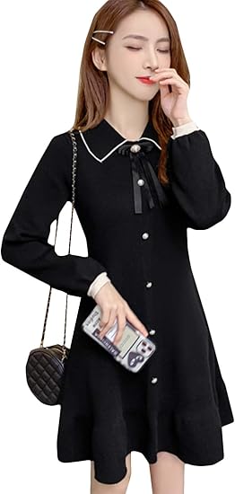 Amazon Bscool ロングワンピース レディース 長袖 ニットワンピース リボン付き フレアワンピース 無地 スリム ワンピース ファッション 膝丈 ニットワンピ ファッション 春 秋 冬 セーターワンピース ワンピース チュニック 通販