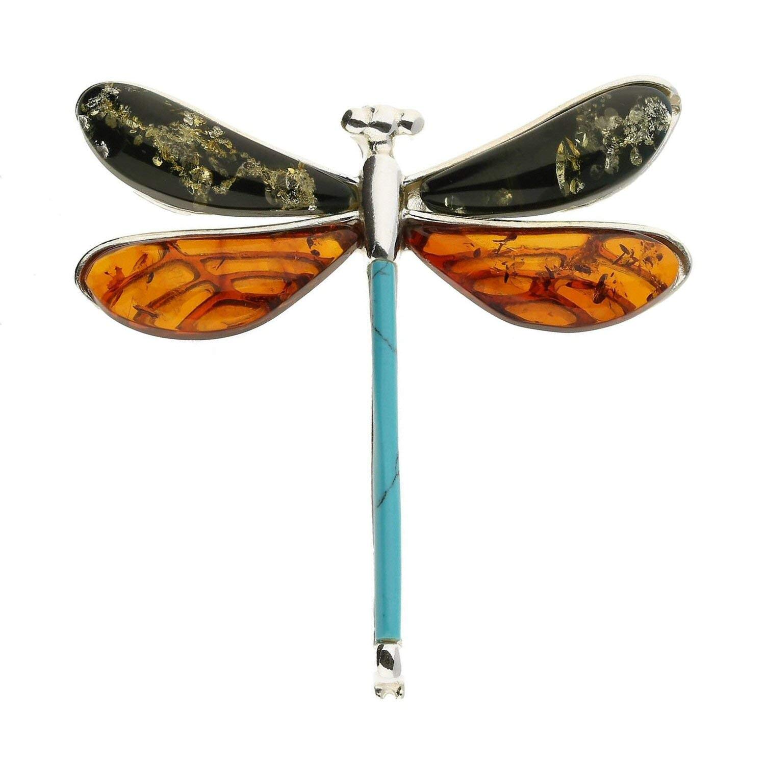 Dragonfly Sterling Silver Brooch Pin/Clip in Cognac Orange Amber & Blue Turquoise in Vintage Style for Women Teenager Girls - 925 Sterling Silver — image 1