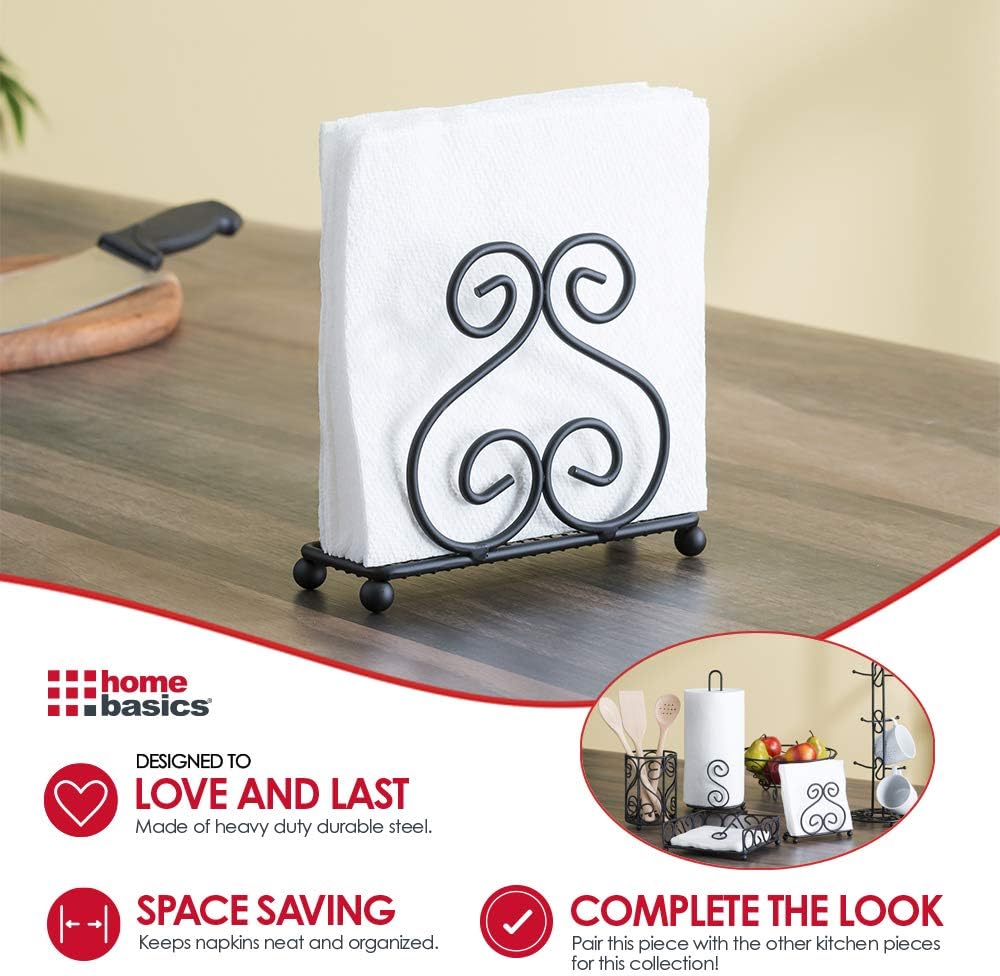 Home Basics Scroll Collection Steel Napkin Holder, Freestanding Tissue Dispenser Organizer for Kitchen Countertop, Durable, Sturdy, Home Décor, Black: Kitchen & Dining