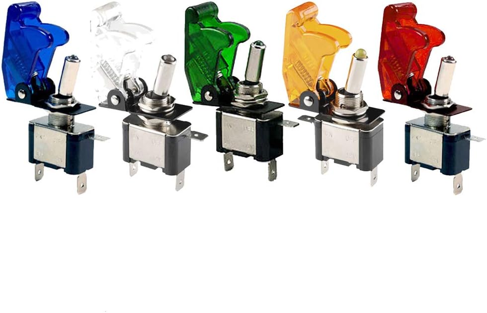 Supmico 5 X 12V 20A Blue/Red/Green/Yellow/White Shell LED Light Rocker Toggle Switch Racing ON/OFF Car