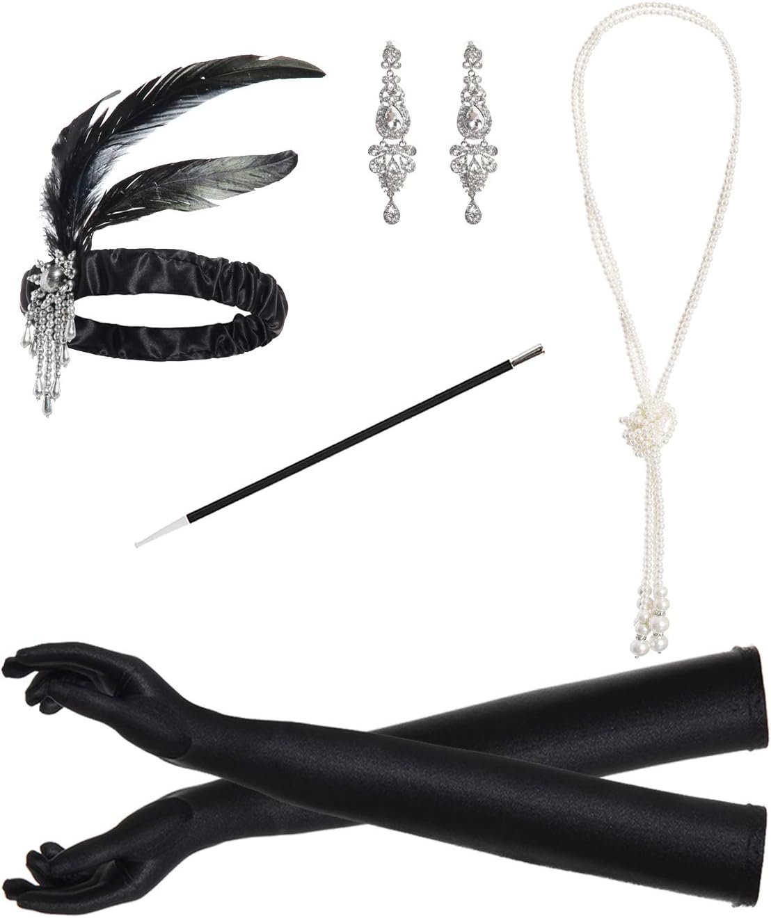 JustinCostume 1920s Accessories Headband Necklace Gloves Cigarette Holder