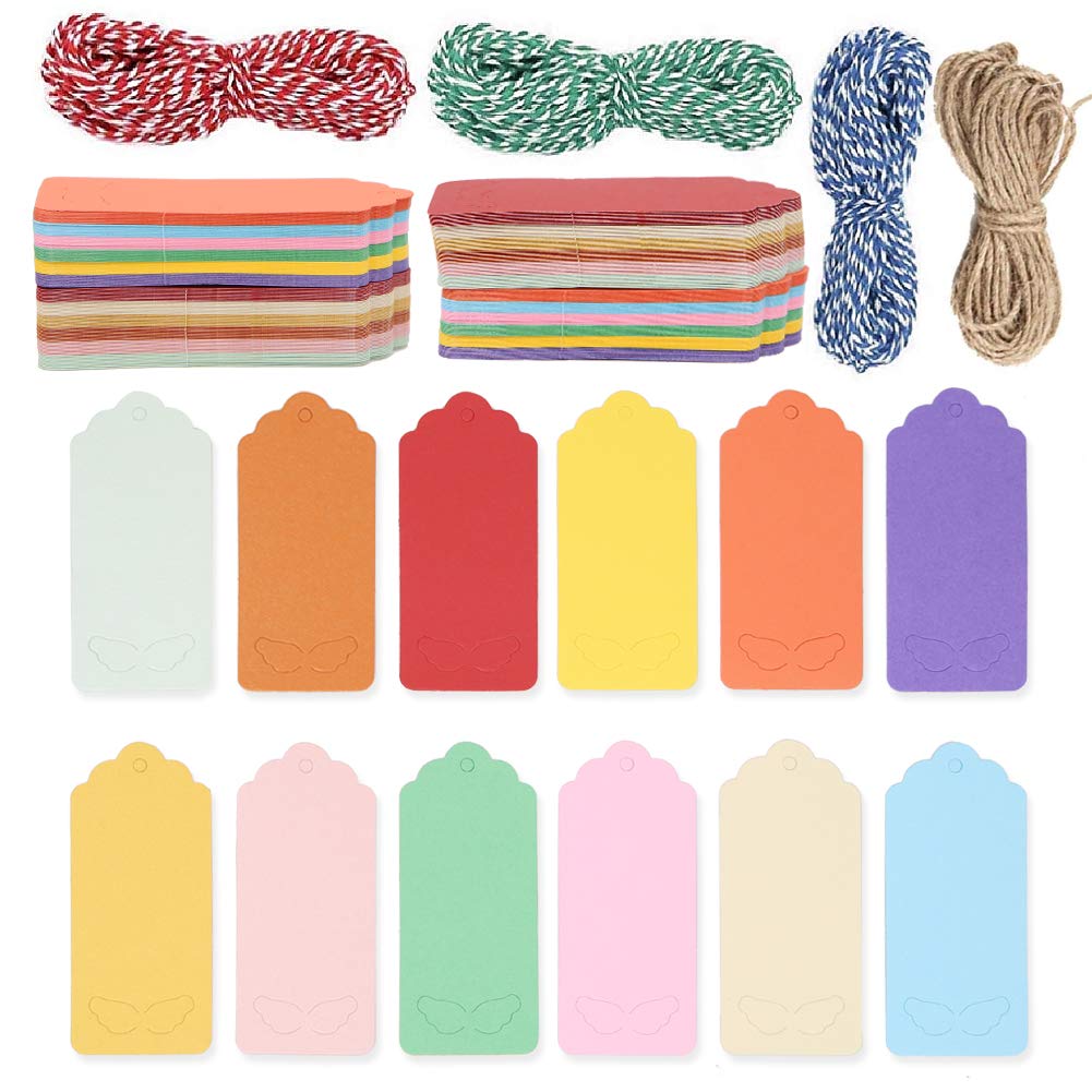 240 pcs Colorful Gift Tags with Holes, Hollow Tags with 4 Roll String, Angle Wing Design Paper Tags, Tie on Labels for Wedding Gift Holiday Birthday Present DIY Arts Favors Decorative
