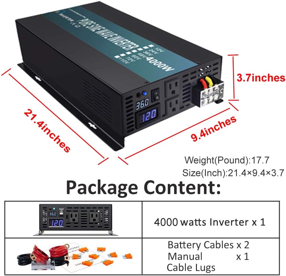 WZRELB 4000W Heavy Duty Pure Sine Wave Solar Power Inverter DC 36V to AC 110v 120V Backup Power with 2 AC Outlets with Hardwire Terminal and LED: Garden & Outdoor