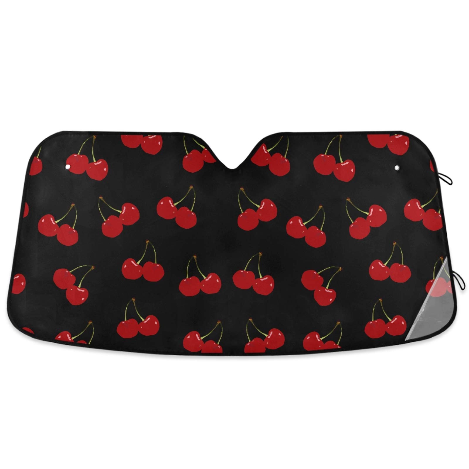 Photo 1 of Oarencol Red Cherry Black Car Windshield Sun Shade Foldable UV Ray Sun Visor Protector Sunshade to Keep Your Vehicle Cool (55" x 27.6")