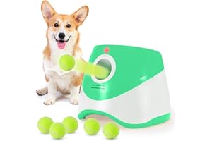 SOCO Dog Ball Launcher Automatic,10-30 FT Distance, USB Rechargeable Ball Thrower, LED Indicator Dog Toy, Included 6 Mini Tennis Balls (2") for Small Dogs