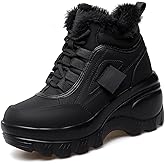 Women's Color Matching Platform Casual Sneakers Retro Round Head Plus Velvet Warm Chunky Non-Slip Fashion Lace-Up Dad Shoes Comfortable Wedge Heel Walking Sneakers