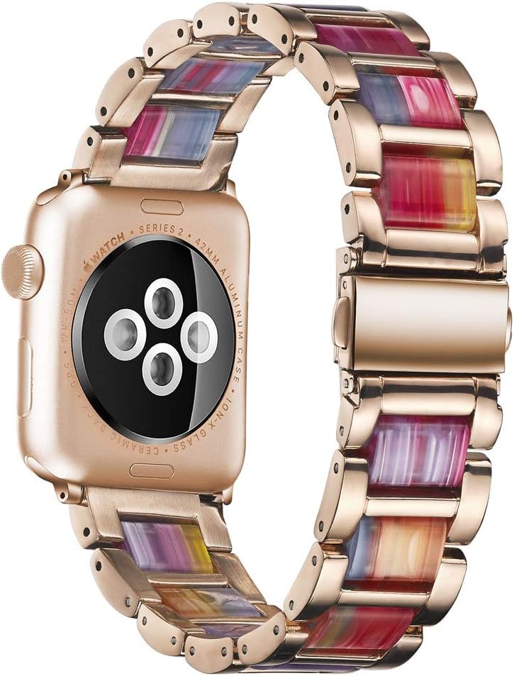 KWANITHINK Watch Band Compatible with Apple Watch 42mm/44mm, Luxury Business Stainless Steel Edge and Resin Watch Strap Replacement for iWatch Series 5/4/3/2/1, Hermes, Nike+, Edition, Sport (Rainbow)