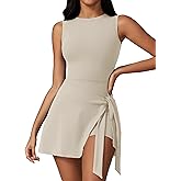 Dokuritu Tennis Dresses for Women Sleeveless Crew Neck Knot Romper Built in Shorts U-Shaped Back Workout Athletic Dress