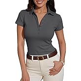 Prettywear Womens Short Sleeve V Neck Polo Shirts Dressy Casual Work Collared Button Summer Slim Fit Tops