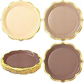 Whaline 30Pcs Beige Brown Paper Plate Gold Foil Scalloped Disposable Plate Retro 3 Colors Dinner Plates for Fall Autumn Thanksgiving Party Supplies Table Decor, 9 Inch