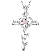 STARCHENIE Rose Cross Necklace 925 Sterling Silver Heart Crucifix Pendant Birthstones Jewelry for Women