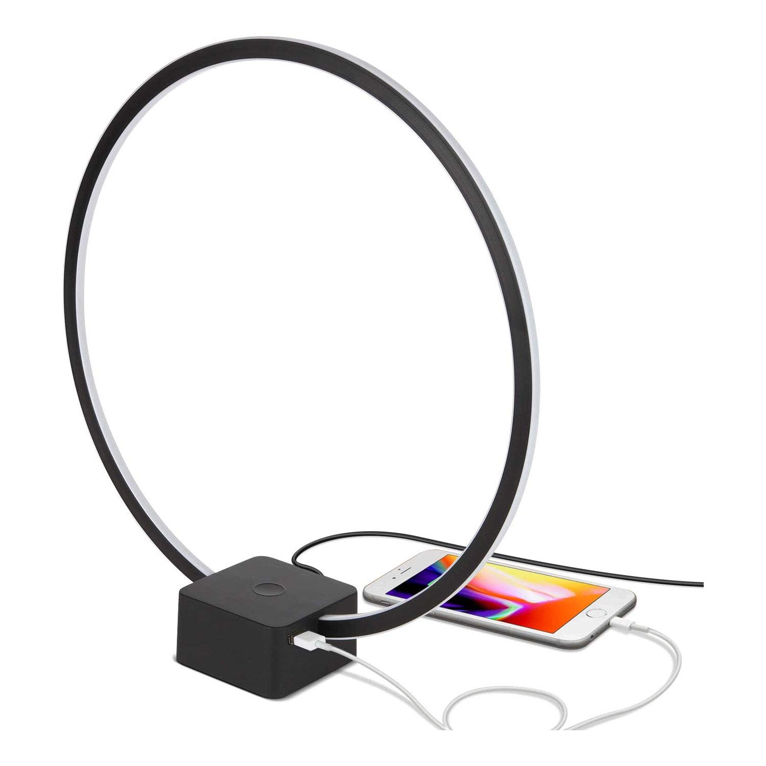 Brightech Circle LED Nightstand Lamp with USB Port – Compact Bed Stand Lamp for Bedroom, Living Room - Modern Asian Table & Desk Lamp on Side & End Tables - Jet Black