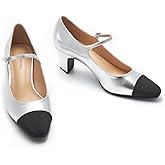 C.Paravano Mary Jane Pumps Women's Pumps Two Tone Almond Toe Block Heels Adjustable Strap Casual Pump Shoes (Silver,12)