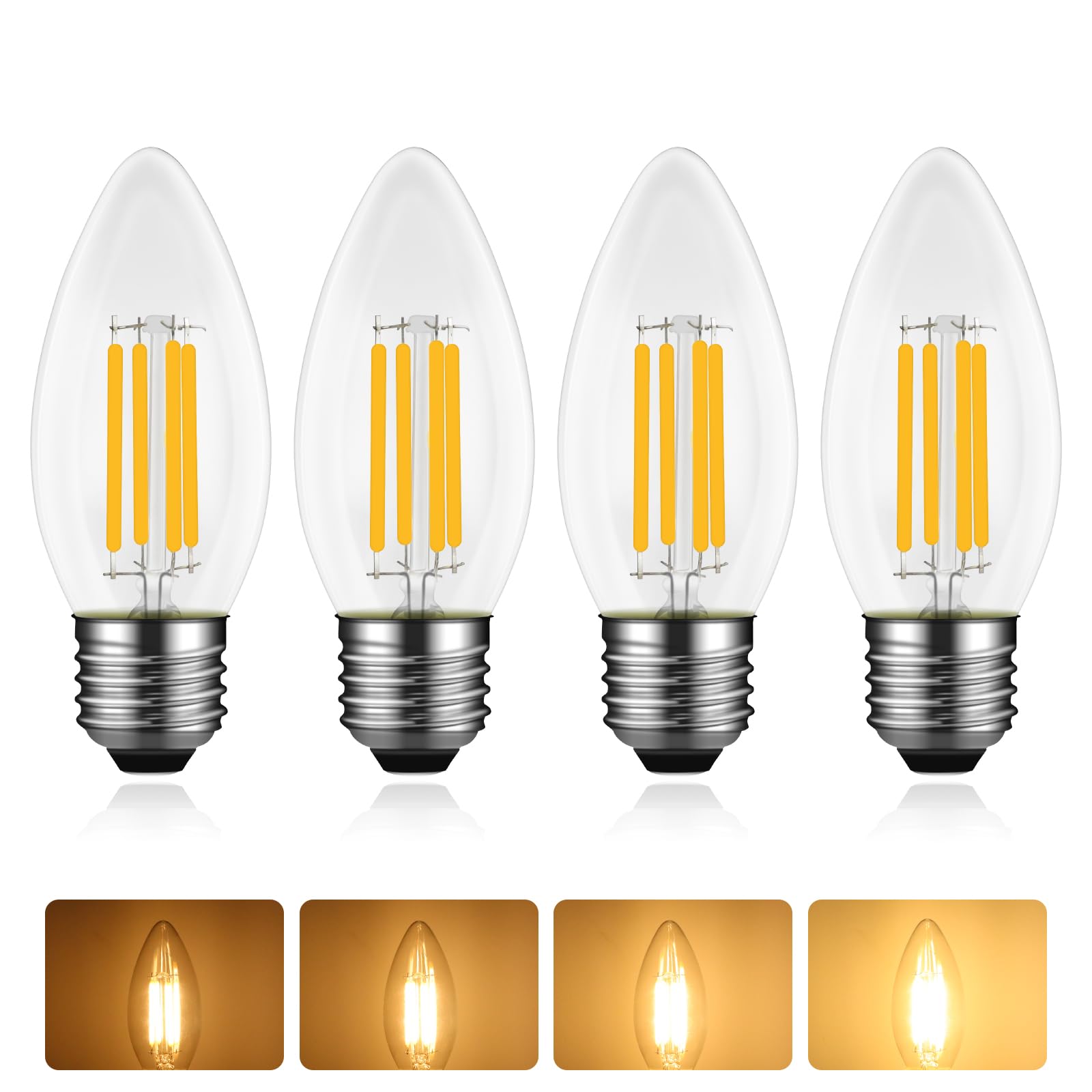 Caldarax E27 LED Candle Bulbs Dimmable, 4W Equivalent 40W Incandescent Bulb, Large Edison Screw C35 Candle Bulbs, Warm White 2700K, 400LM, AC 220-240V, ES Clear Filament Bulbs, Chandeliers, 4 Pack